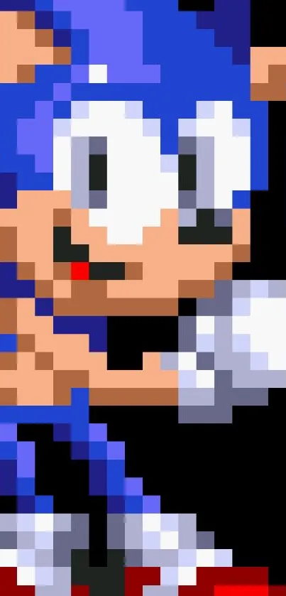 Pixel art blue character on mobile wallpaper.