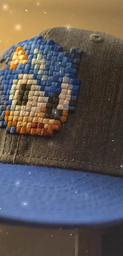 Pixel art blue character on a cap with a retro design.