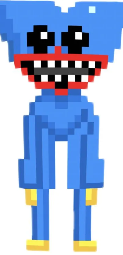 Blue pixelated monster with a playful design.