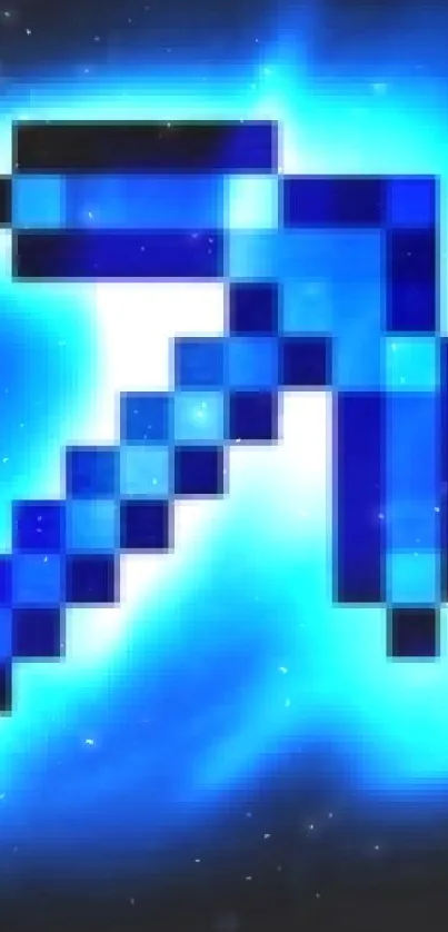 Pixel art wallpaper of a blue glowing pickaxe on a cosmic background.