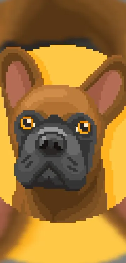 Pixel art bulldog on orange background for mobile wallpaper.