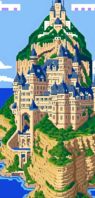 Pixel art of a large castle on an island with blue skies and ocean.