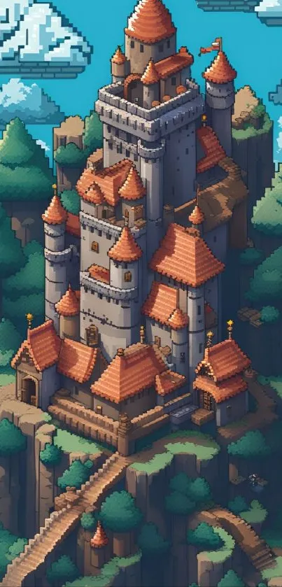 Pixel art castle with vibrant colors and greenery.