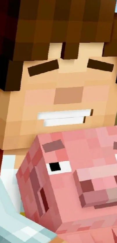 3D pixel art character hugging a pig, vibrant digital scene.