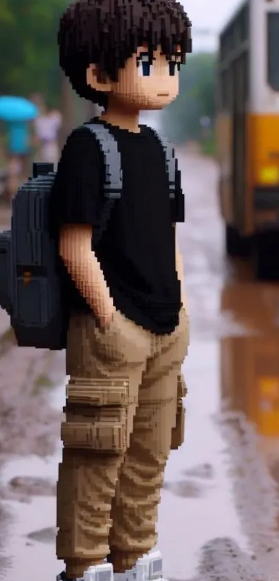 Pixel art character with backpack in urban rain scene.