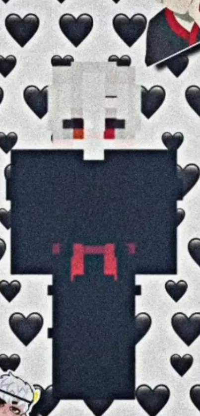 Pixel art character with black hearts background