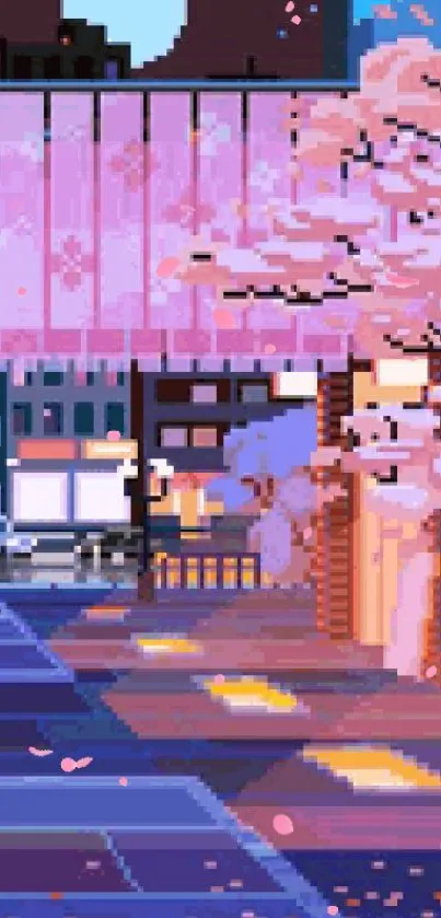 Pixel art of cherry blossoms at night in a colorful cityscape.