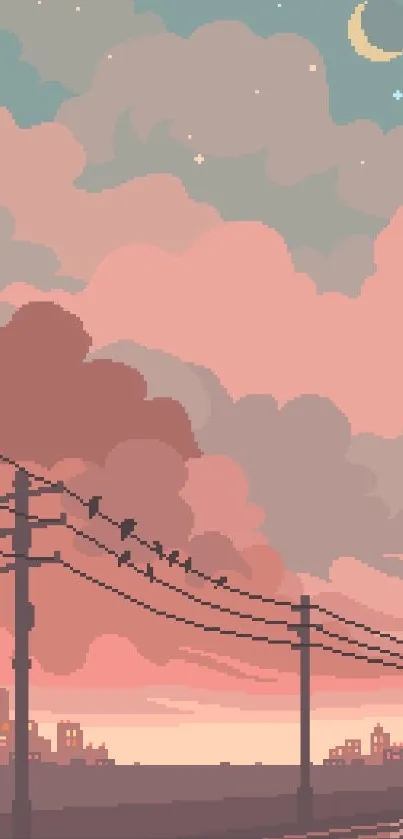 Pixel art cityscape at dusk with birds on power lines and clouds.