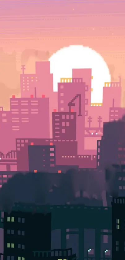 Pixel art cityscape with pink sunset skies.