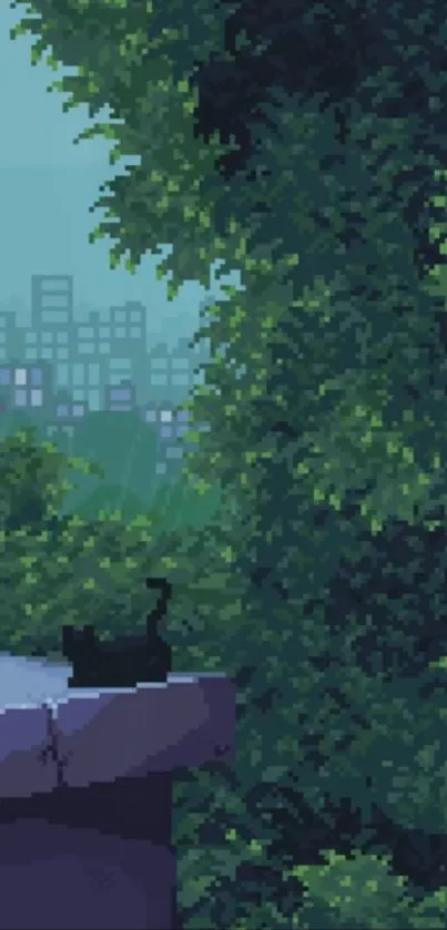 Pixel art cityscape with greenery and cat silhouette.