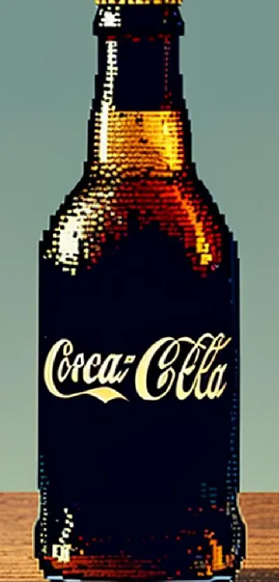 Pixel art of a classic Coca-Cola bottle on a vintage style wallpaper.