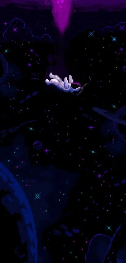 Pixel art of an astronaut floating in a cosmic space scene with vibrant colors.