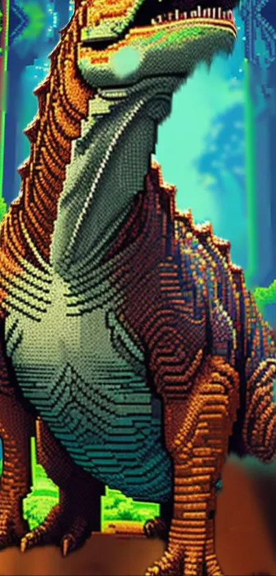 Pixel art dinosaur with vibrant green forest background.