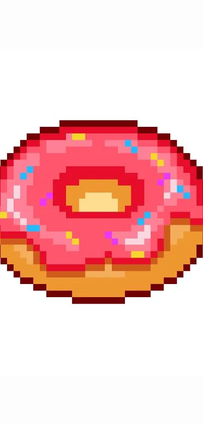 Pixel art style donut with pink frosting and sprinkles on a white background.