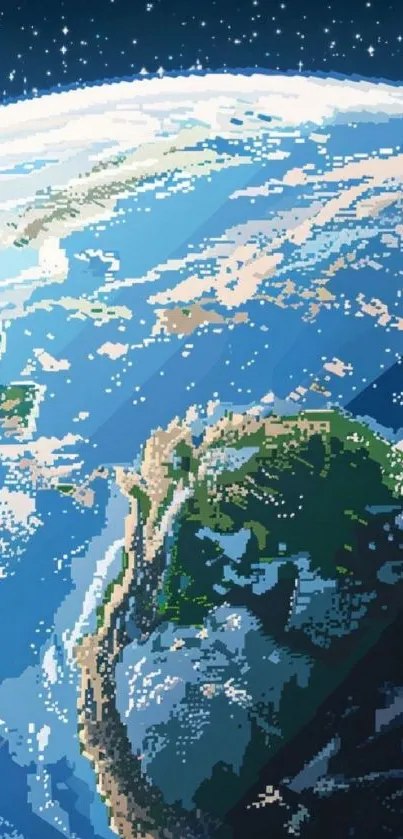 A pixel art view of Earth from space with vibrant blue and green hues.