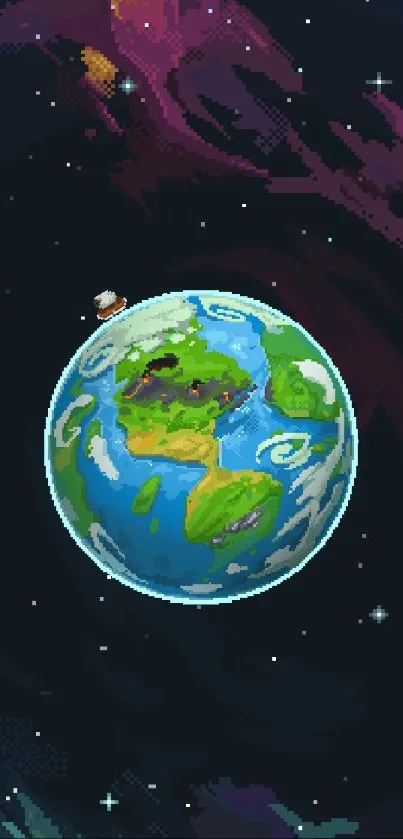 Pixel art Earth with a cosmic background in space for mobile wallpaper.