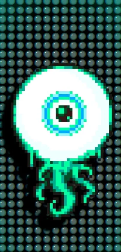 A pixel art eye on a turquoise background with a retro gaming style.