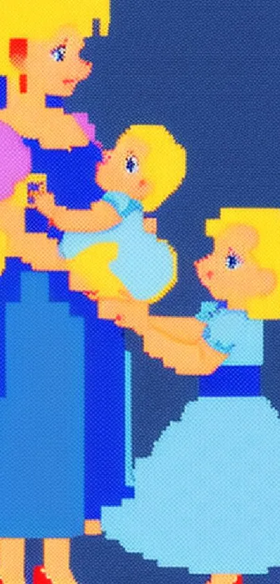 Pixel art of a mother and two children with a blue background.