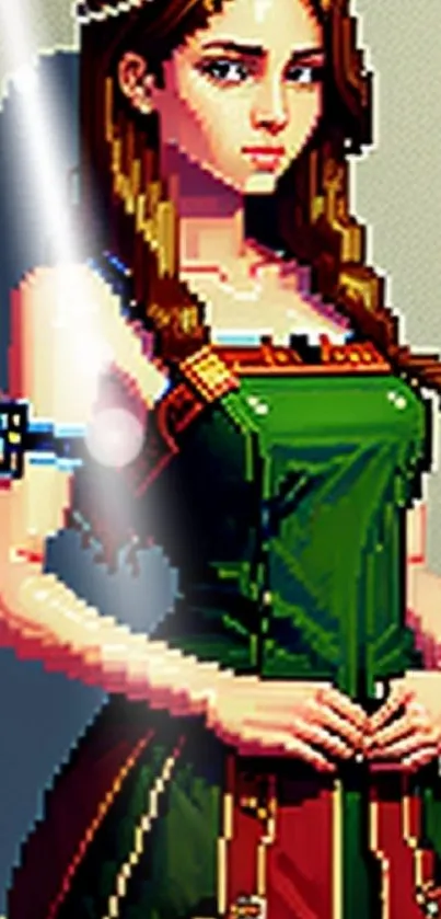 Pixel art fantasy character in green dress, mobile wallpaper.