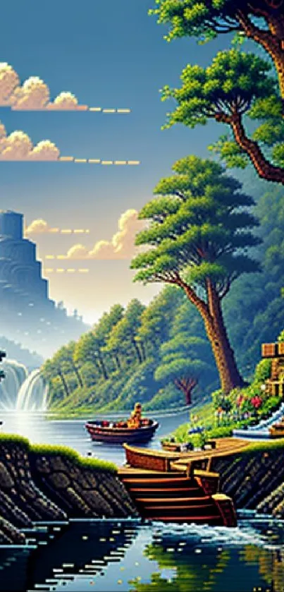 Pixel art landscape with rivers, lush trees, and distant mountains.