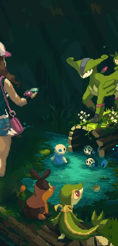 Pixel art scene with adventurer and mystical creatures by a forest pond.