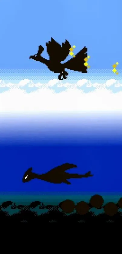 Pixel art of a bird flying above a dragon underwater in blue hues.