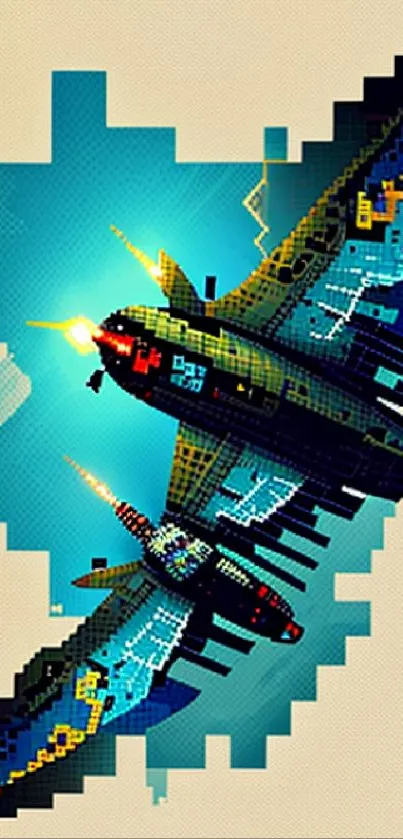 Pixel art fighter jet soaring in a bright blue sky.