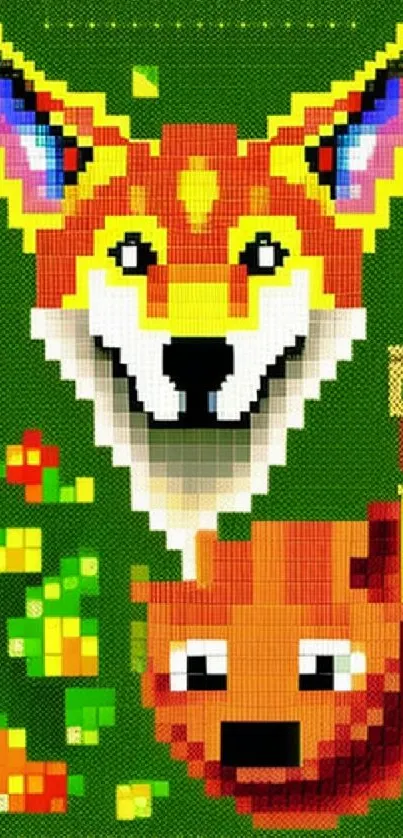 Colorful pixel art of a fox with geometric shapes on a green background.