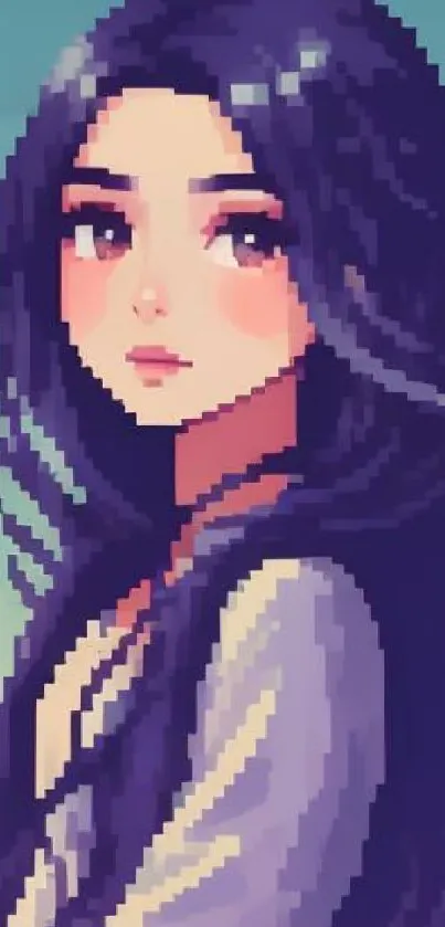 Pixel art girl with flowing hair on a serene background, ideal for anime fans.