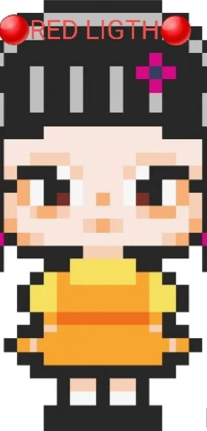 Pixel art girl in orange dress with cute design and bold colors.