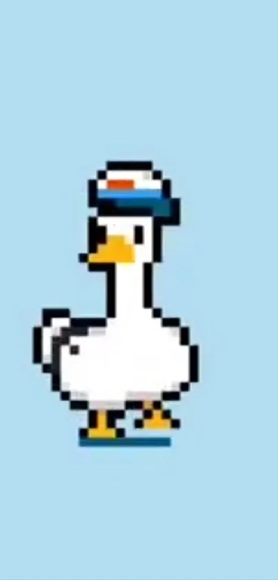 Pixel art goose with sailor hat on blue background.