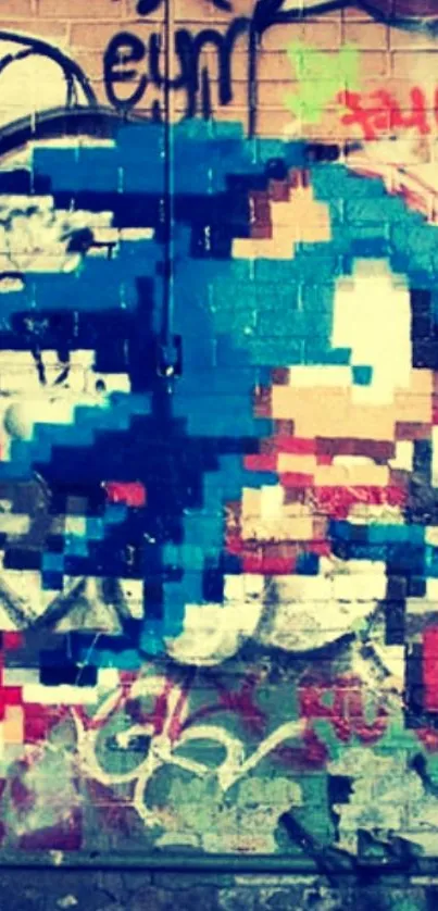 Vibrant pixel art graffiti on a brick wall with contrasting colors.