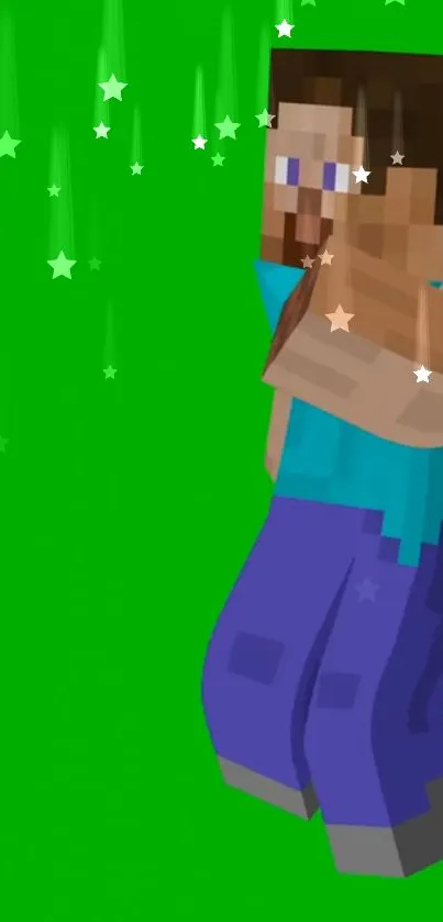 Pixel art gaming character on green background with stars.