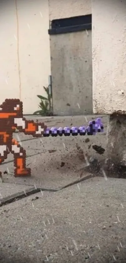 Pixel art hero with whip on concrete surface in urban setting.