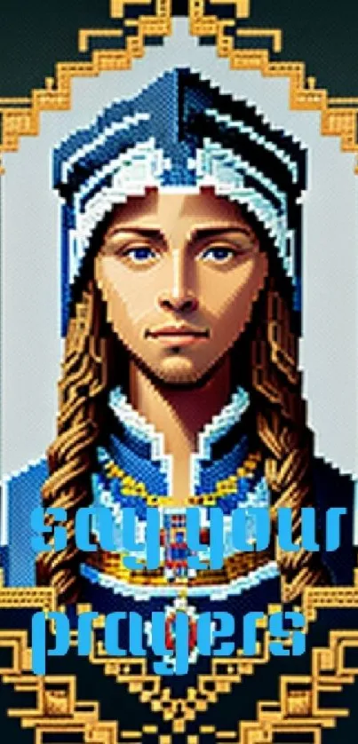 Pixel art of a historical woman with text overlay, styled in blue and gold.