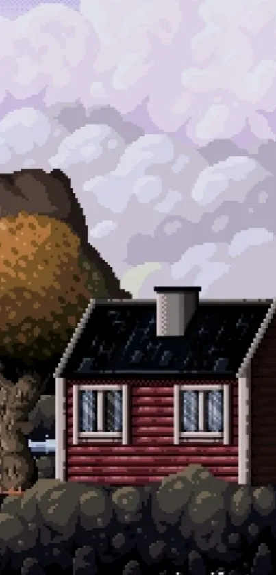 Pixel art lakeside cabin in autumn setting.