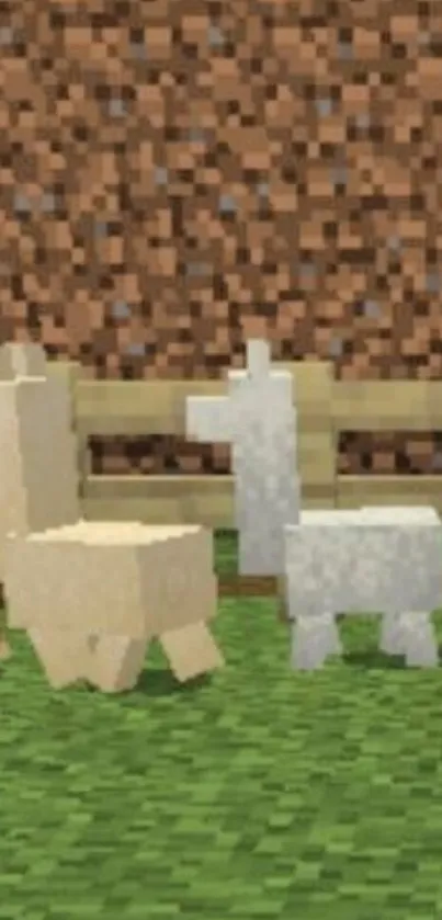 Pixel art llamas in a block-style world with a green background.