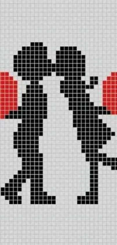 Pixelated couple with hearts in minimalist design.