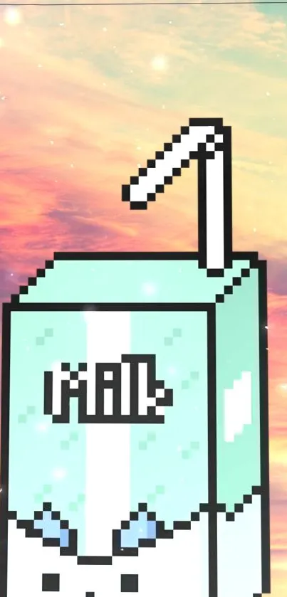 Pixel art milk carton with pastel sky background.