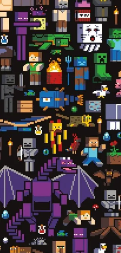 Vibrant pixel art mobile wallpaper with game-inspired designs.