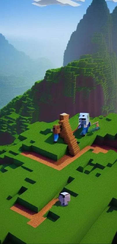 Pixel art characters on a green mountain landscape in a virtual world.