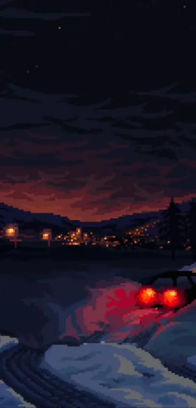 Pixel art of a nighttime scene with a car, city lights, and mountains.