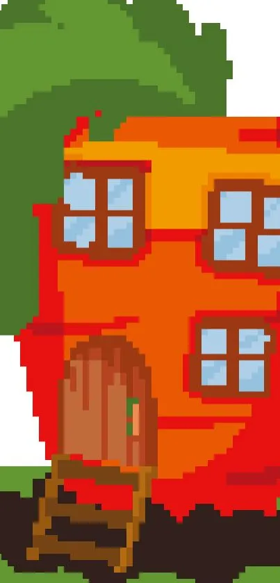 Pixel art of an orange house with green tree.