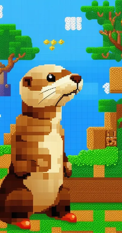 Pixel art otter in a vibrant game scene with green and blue hues.