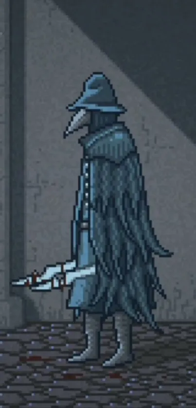 Pixel art plague doctor in dark tones.