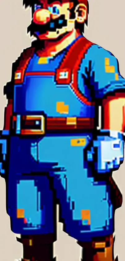 Pixelated plumber in blue attire, retro art style.