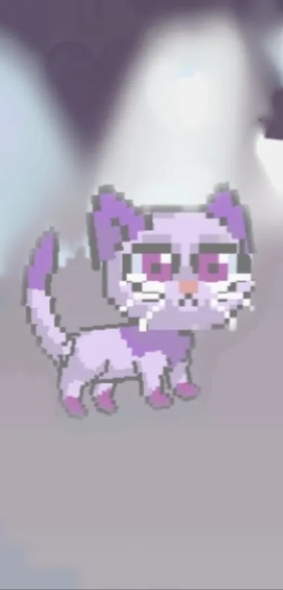 Pixel art wallpaper of a cute purple cat on a gradient background.