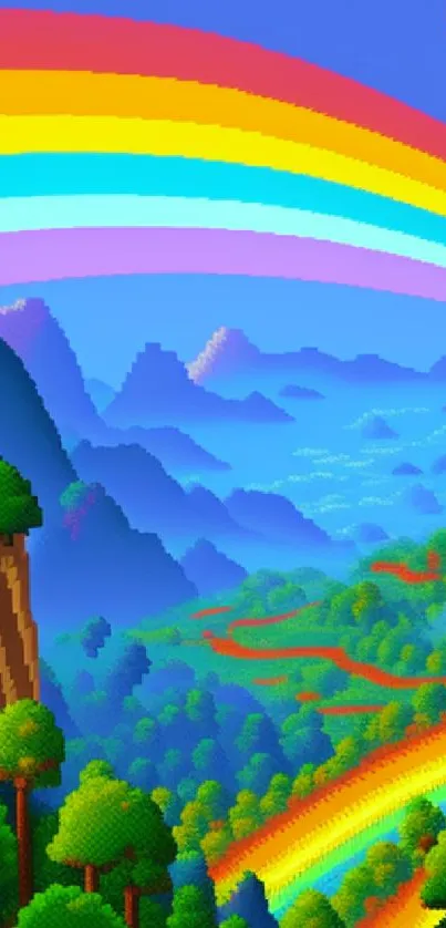 Vibrant pixel art landscape with rainbow over lush green hills.