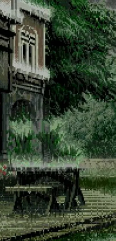 Pixel art wallpaper of a rainy scene by an old building and lush greenery.