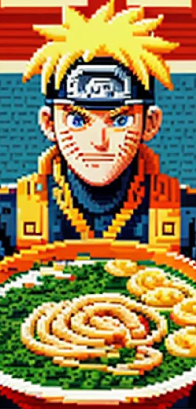 Pixel art anime character holding ramen bowl as a mobile wallpaper.